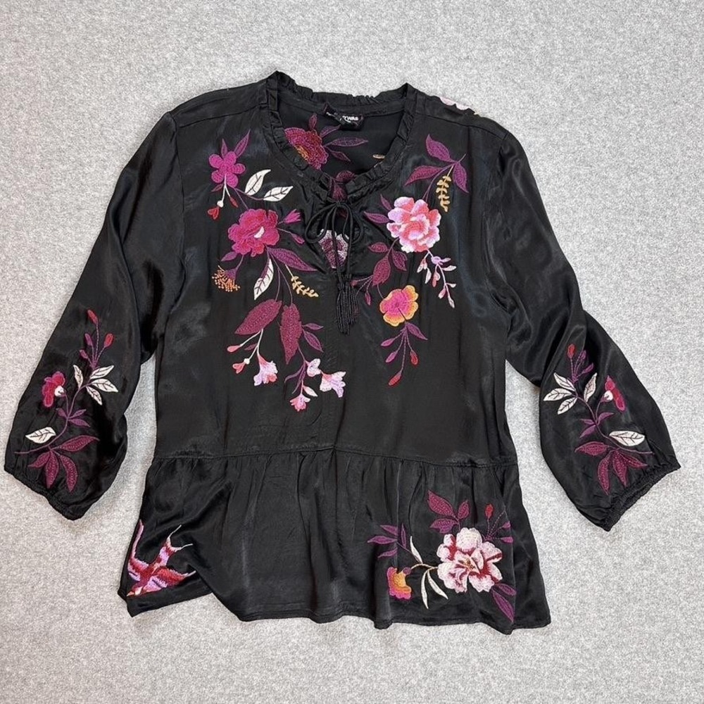 Johnny Was Workshop Blouse Large Black Peplum Mirabel Tassel Embroidered Satin‎